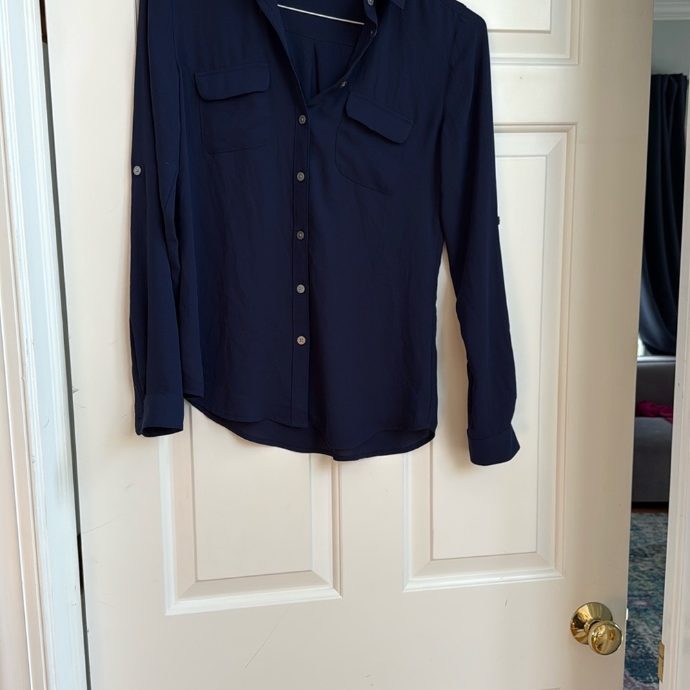 LOFT Chiffon Navy Blue Button-Up Shirt